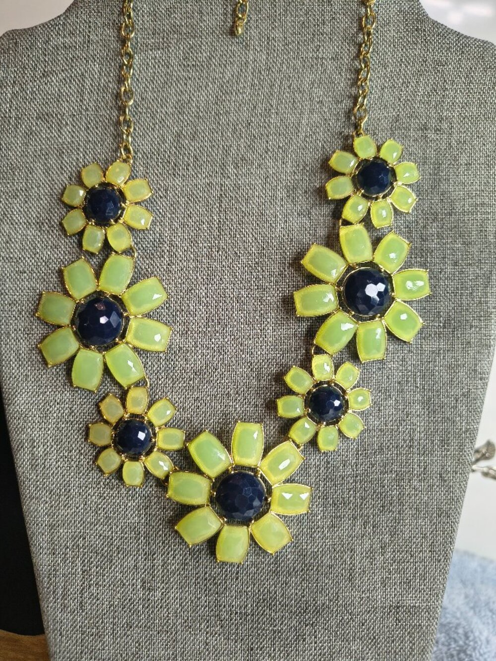 Gold Tone Green and Blue Acrylic Floral Statement Necklace
